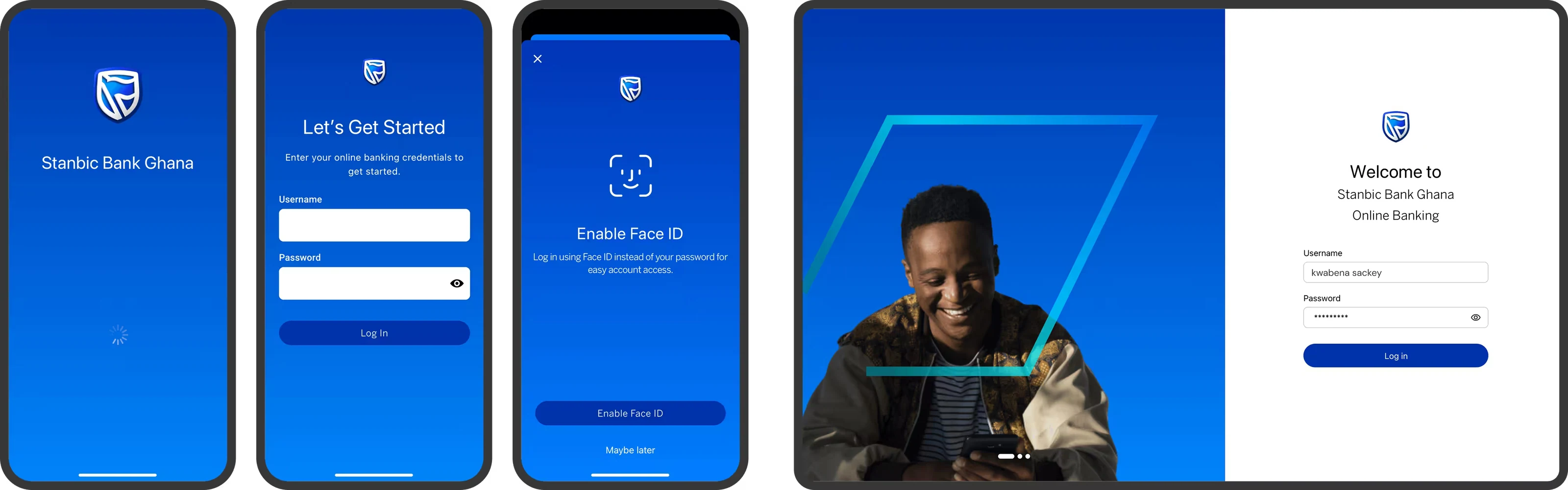 Onboarding and device registration screens, ending in confirmation that the device is linked to the customer’s accounts.