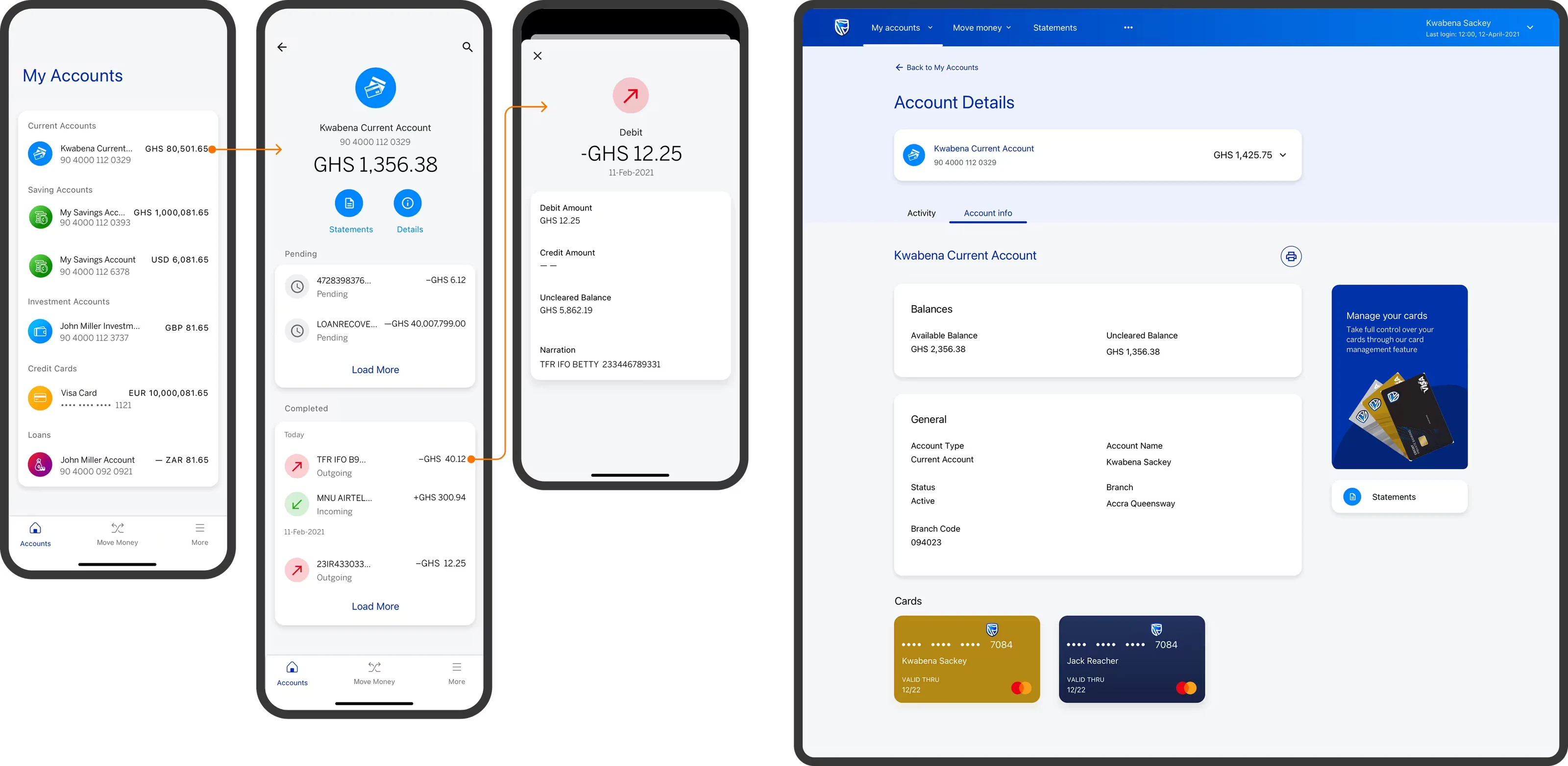 Account detail screens on mobile and web showing transaction history with search, filter and sort, alongside the customer’s linked cards.
