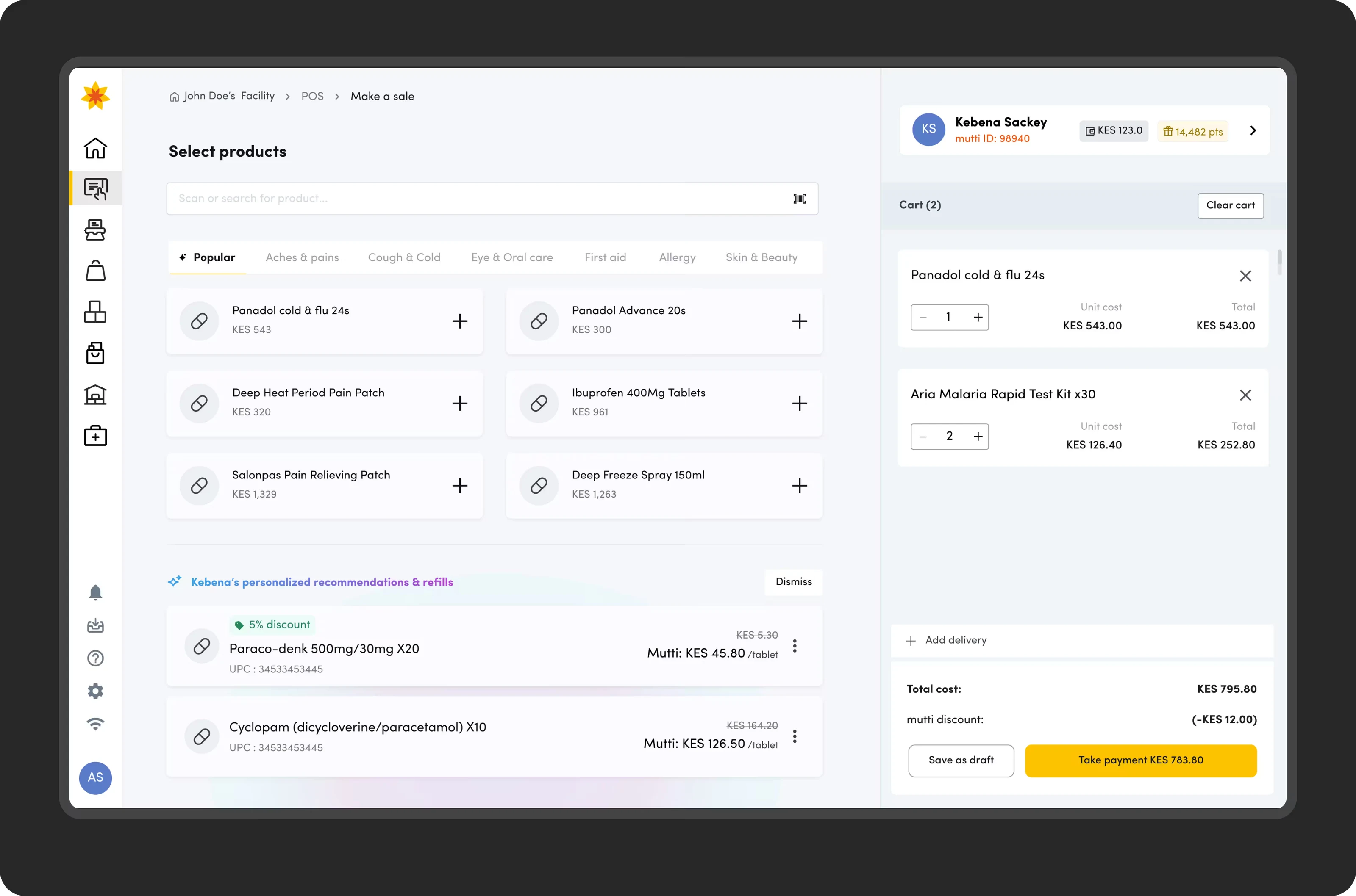 Product selection screen with category tabs, a cart totalling KES 785.60, and a personalised recommendations panel offering discounted multi-buys.