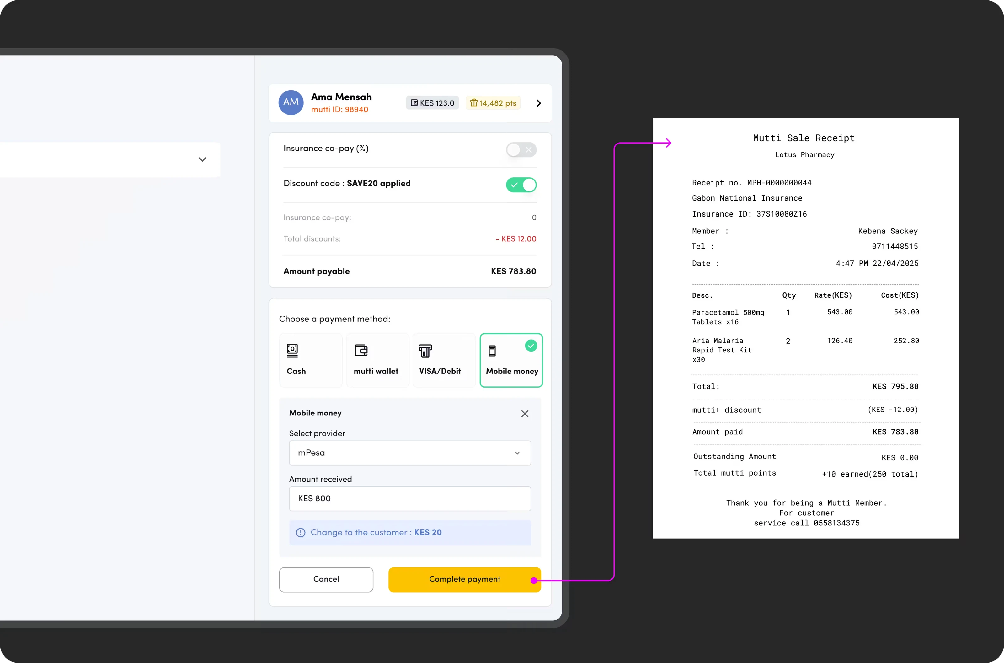 Payment step with insurance co-pay and discount code toggles and a mobile money panel, beside the printed multi-sale receipt it produces.