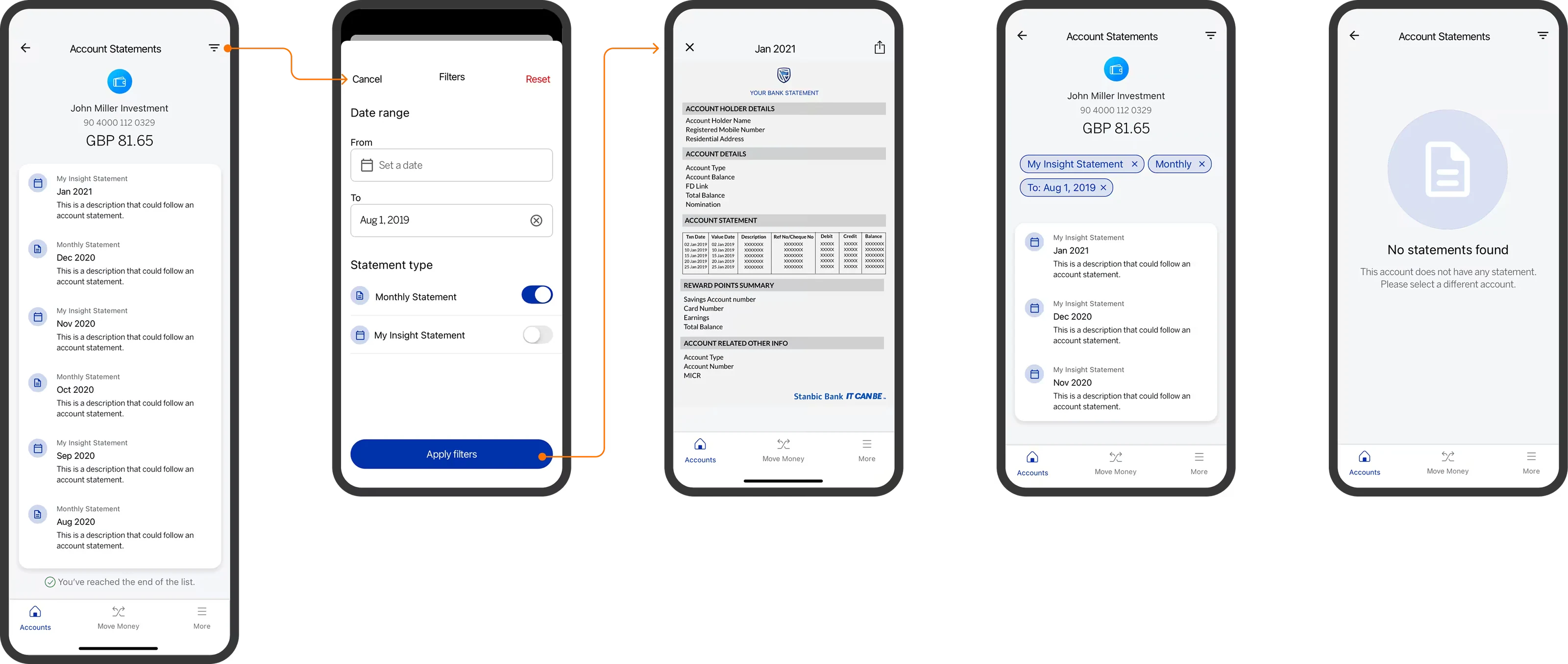 Account statement flow: choosing a date range, previewing the statement, and generating an exportable PDF.