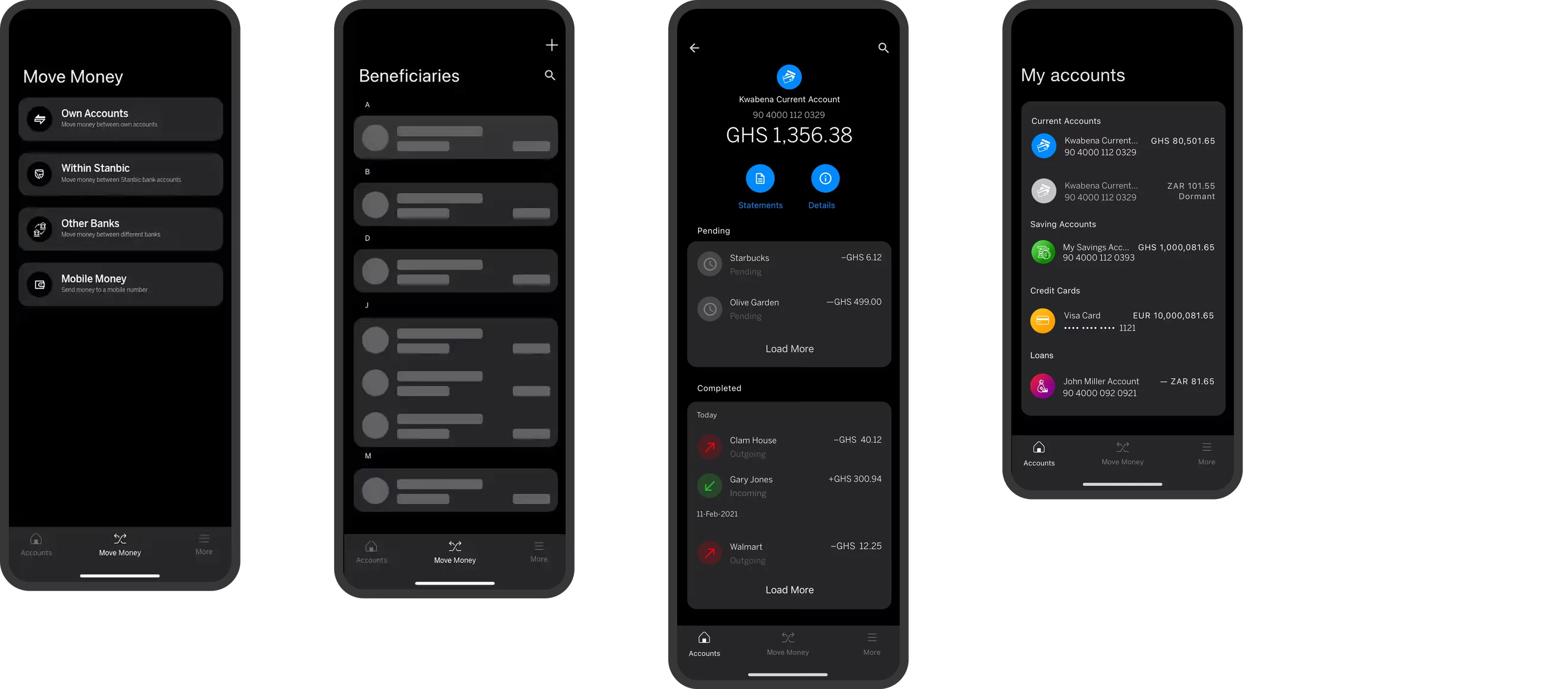 The same account and transaction screens rendered in dark mode.