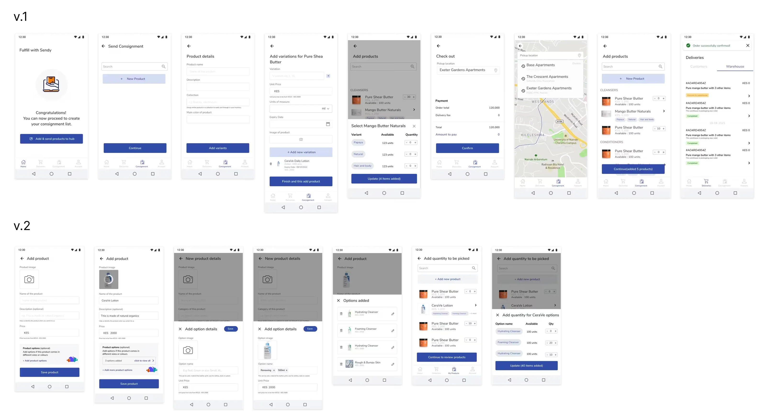 Two versions of the add-product and delivery flow compared, running from product details through pick-up location on a map to order review.