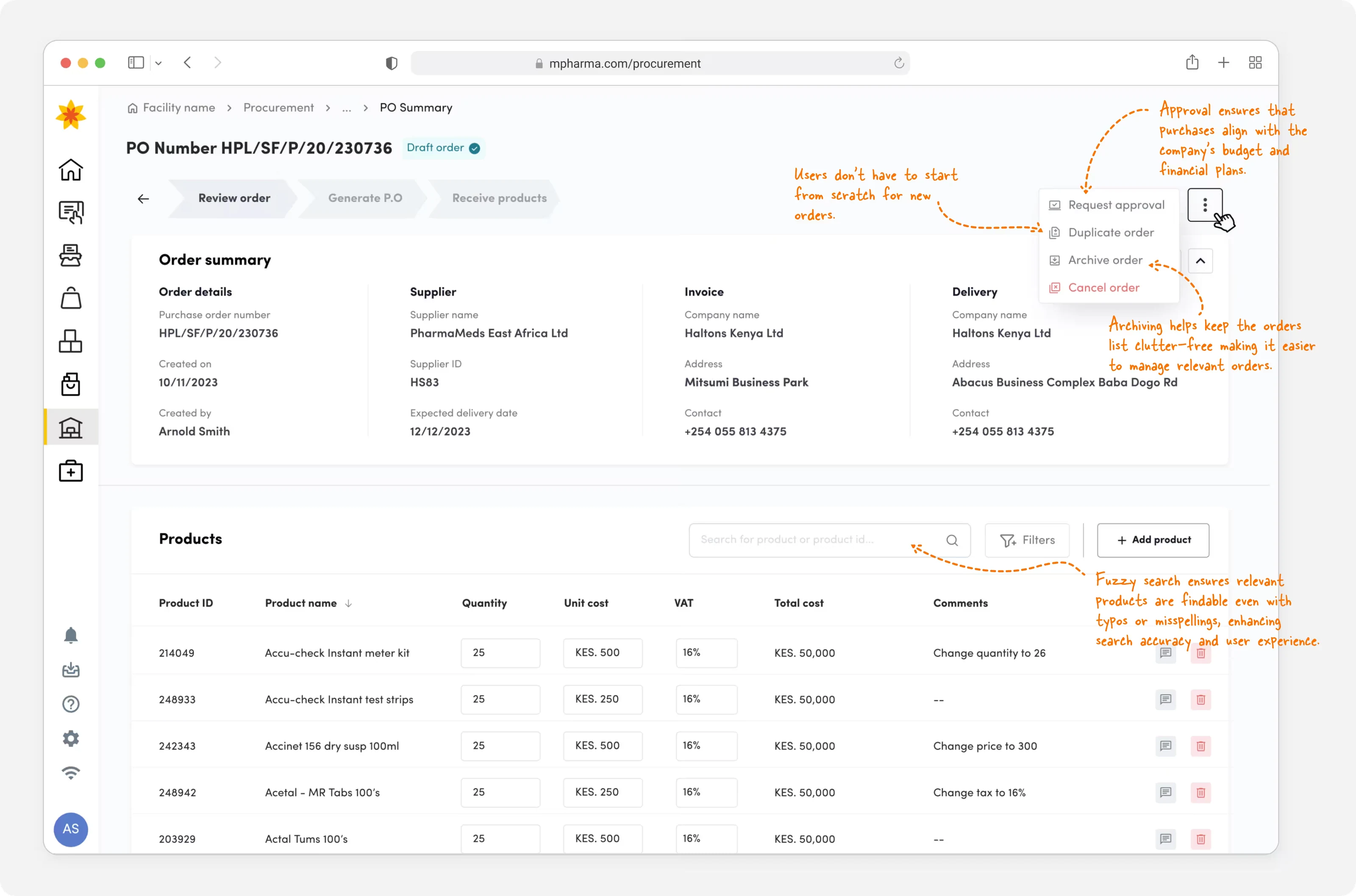 Draft purchase order summary with the row actions menu open on request approval, duplicate, archive, and cancel, hand-annotated with notes on reusing past orders and tolerating typos in search.