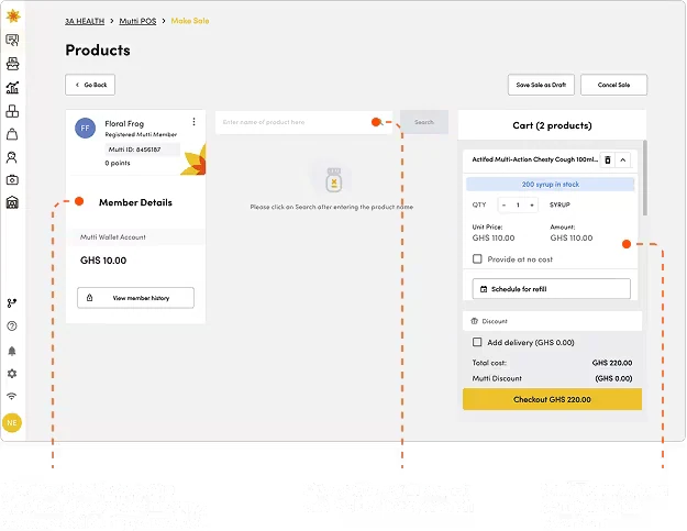 Legacy checkout audit highlighting member details taking up space, slow search without fuzzy matching, and competing cart functions.
