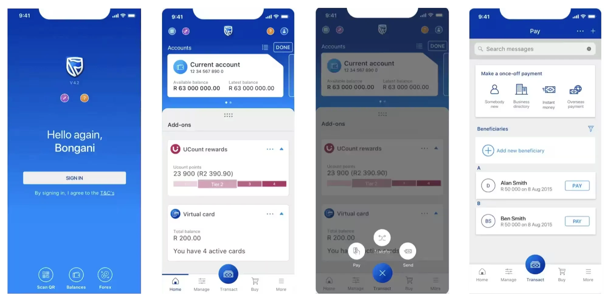 Four screens of the previous Stanbic app before the redesign: sign-in, accounts with add-ons, and the pay tab with saved beneficiaries.