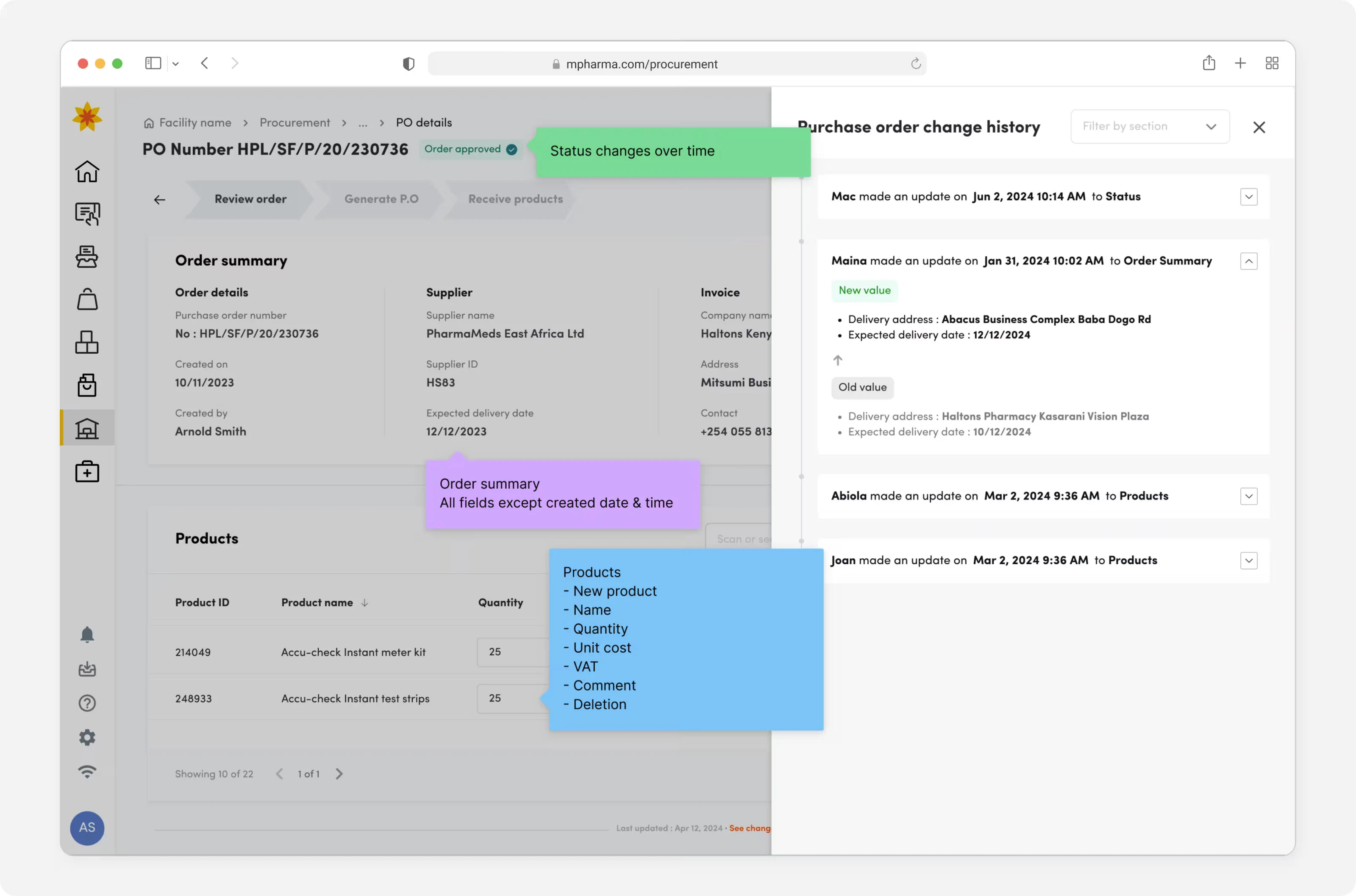 Purchase order details with the change history panel open, listing timestamped edits by user, annotated to show which order summary and product fields are tracked.