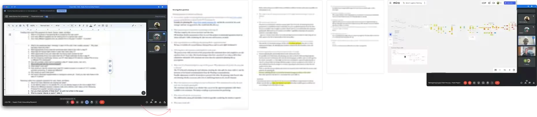 Collage of remote research sessions: a video interview with a participant alongside transcript documents and a shared board of clustered notes.