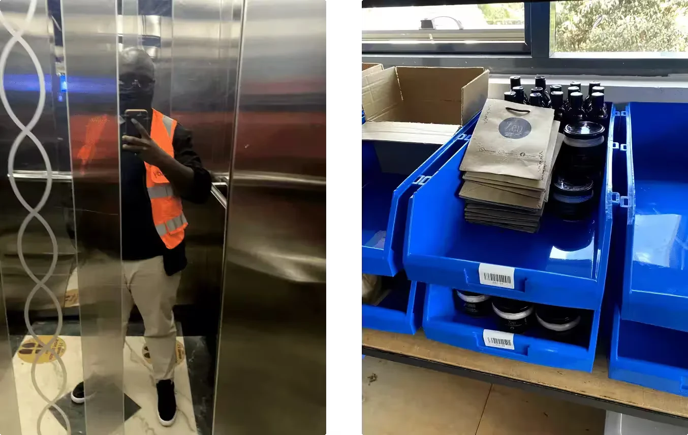 Photographs from the pilot: a rider in a high-visibility vest carrying a package in a lift, and packed orders in crates at a fulfilment bench.