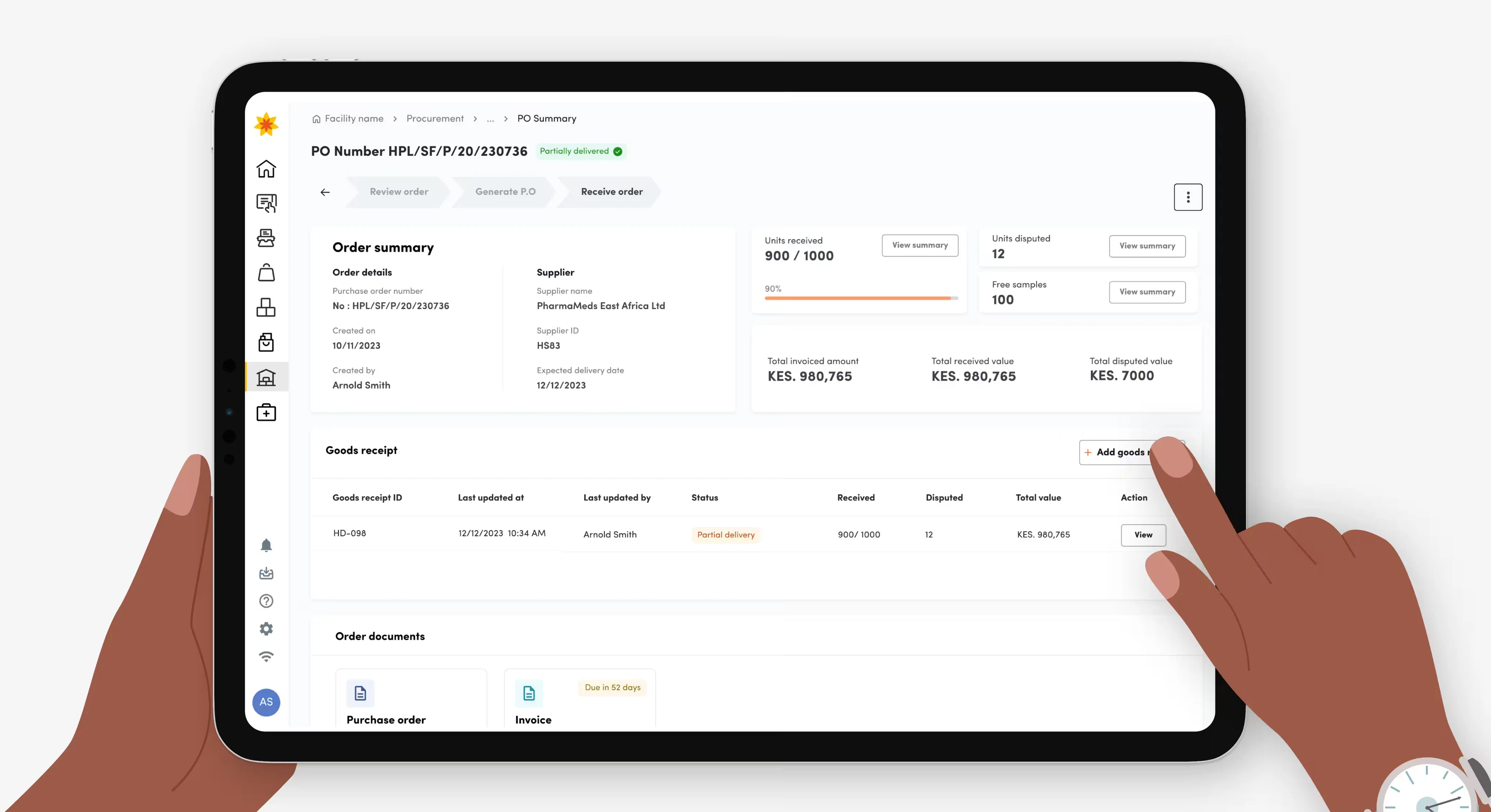 Illustrated hands holding a tablet that shows a purchase order summary in the procurement platform.