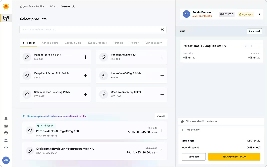 Redesigned pharmacy checkout with product categories, personalised recommendations and refills, and a focused cart and payment panel.