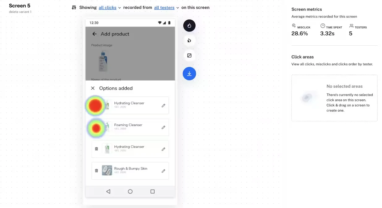 Click heatmap for variant one of the add-product screen, recording 28.6 percent misclicks and 3.32 seconds average time across five testers.
