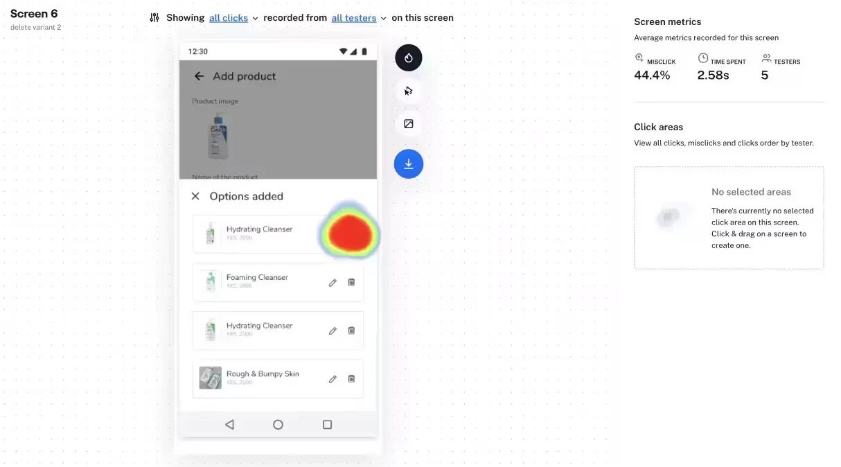 Click heatmap for variant two of the add-product screen, recording 44.4 percent misclicks and 2.58 seconds average time across five testers.