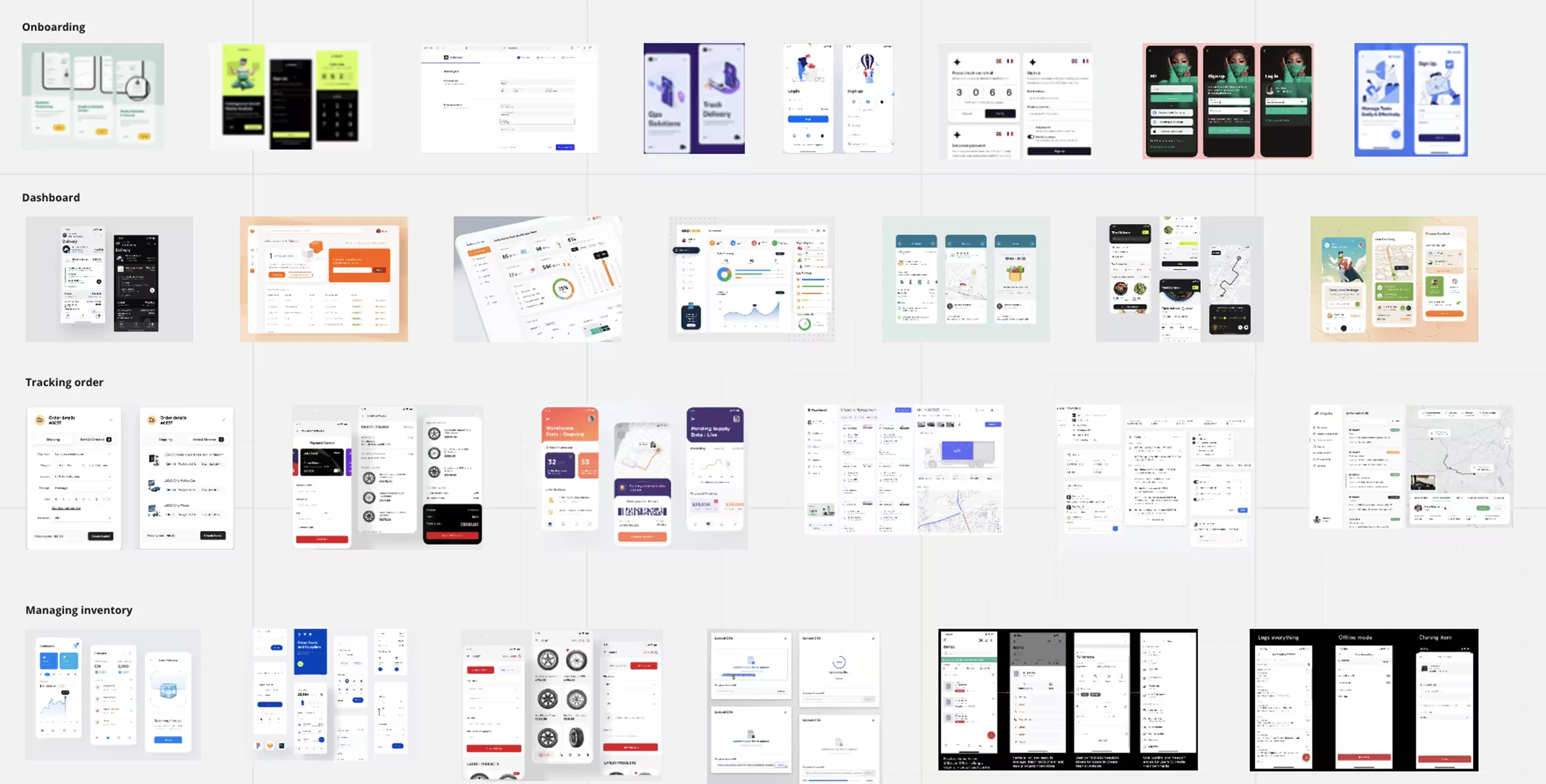 Information architecture board of mobile screens grouped into onboarding, dashboard, tracking an order, and managing inventory.