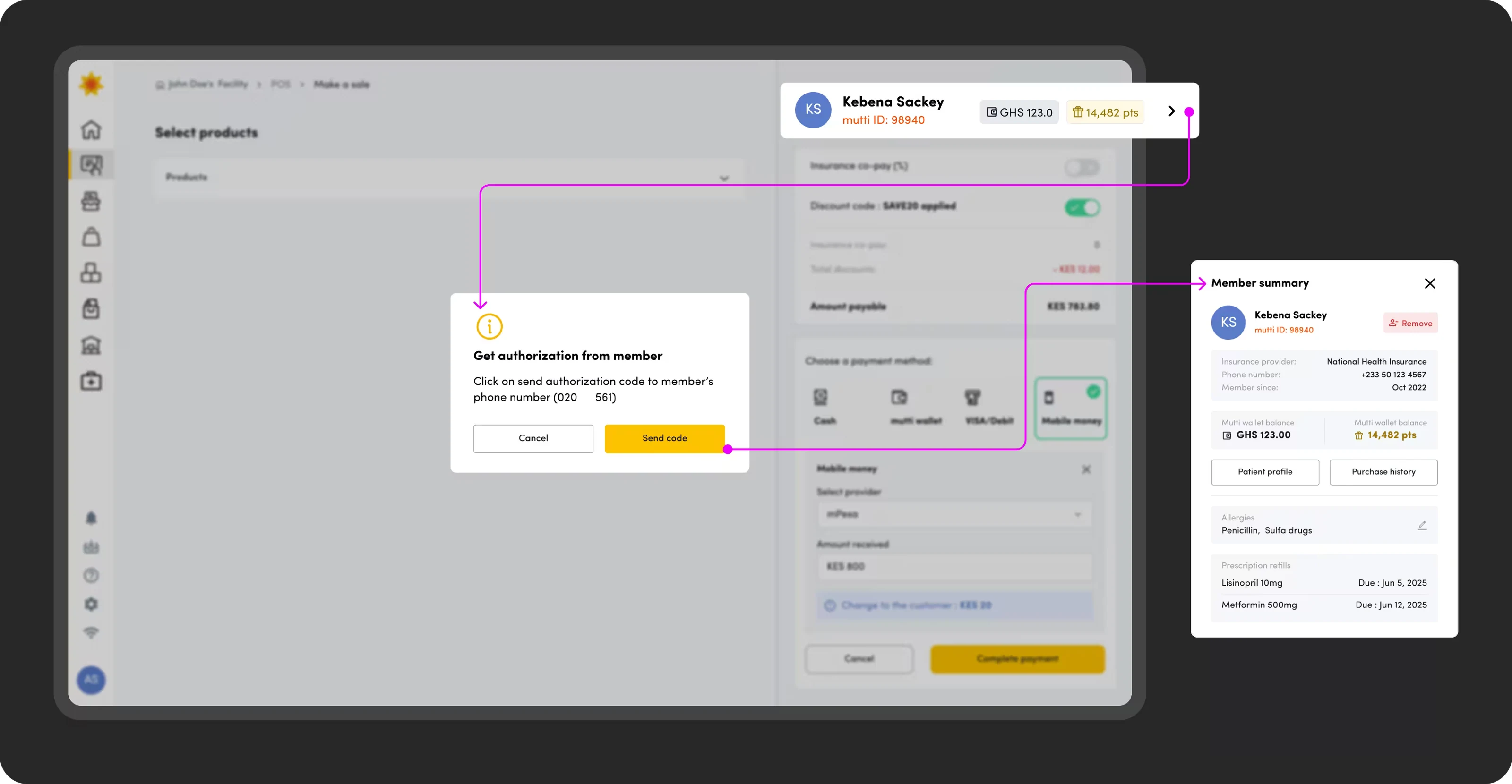 Member authorisation flow: a prompt to send a one-time code to the member, and the member summary panel it returns.
