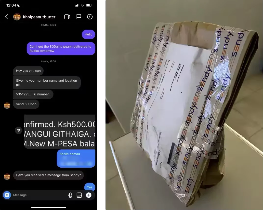 A real customer order placed over chat with a mobile money payment confirmation, beside the packed Sendy-branded parcel it produced.