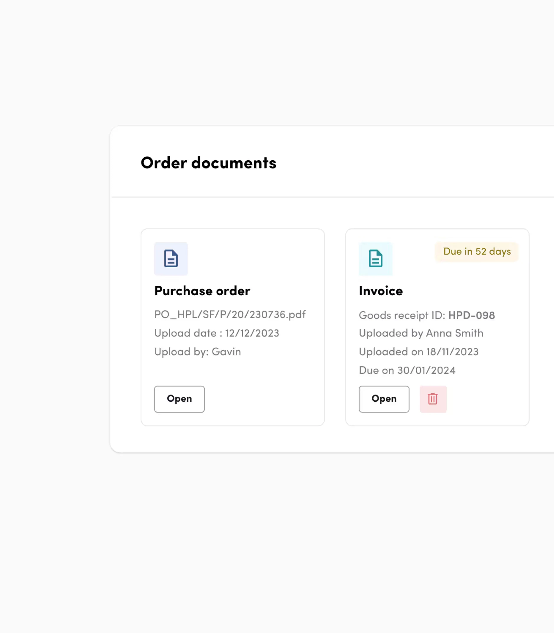 Order documents panel showing an attached purchase order and invoice.