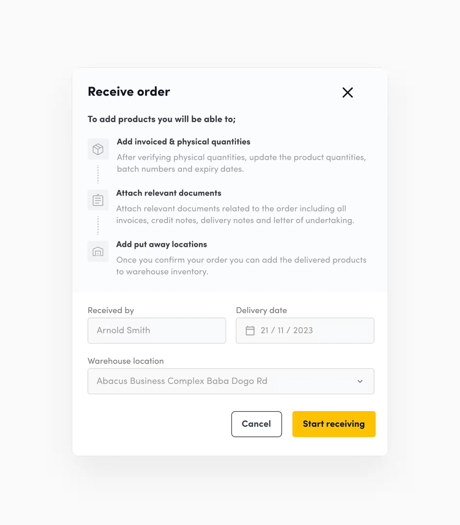 Receive order panel for recording delivery details and starting the receiving workflow.