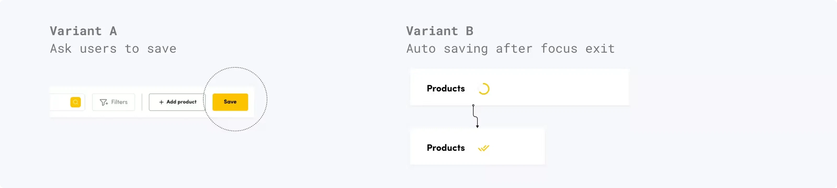 Two A/B test variants for saving changes: an explicit save button, versus auto-saving with a spinner and confirmation tick once a field loses focus.