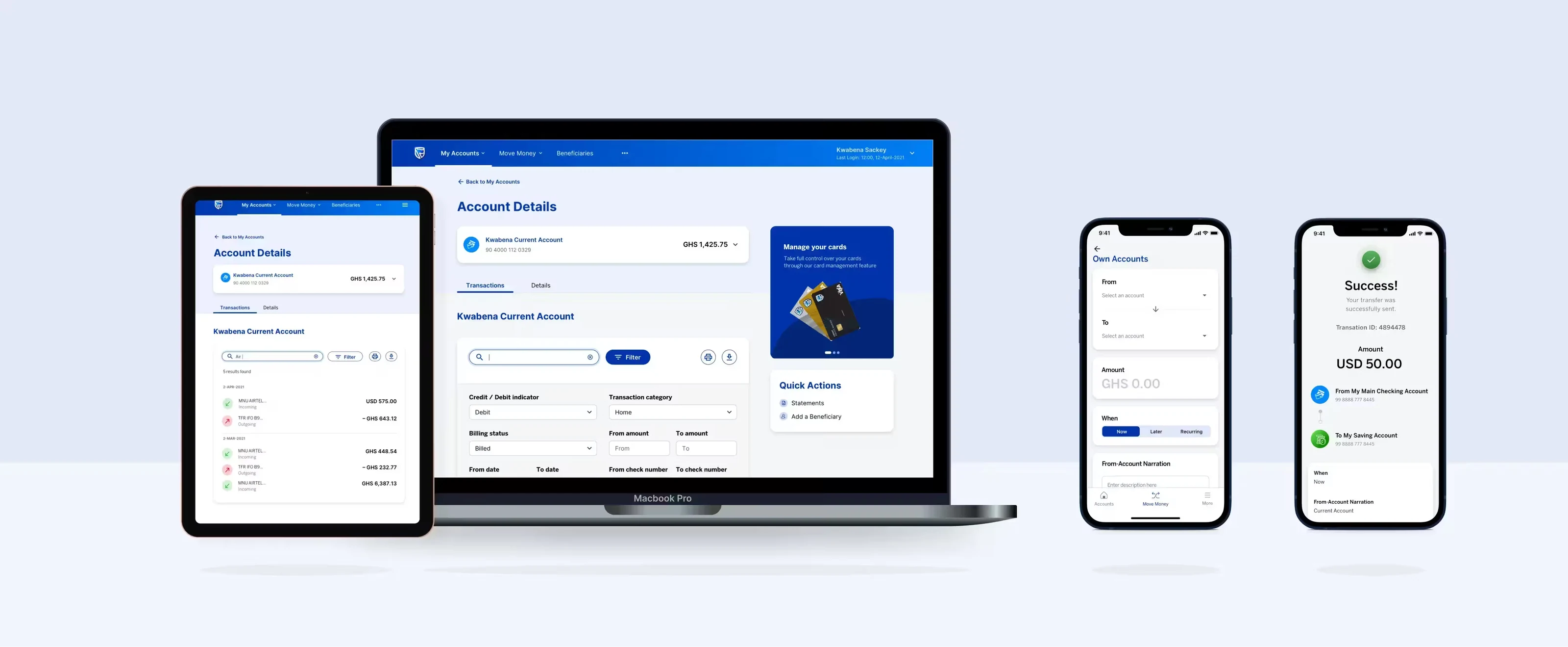 The redesigned Stanbic banking app across tablet, laptop and two phones, showing account details and a transfer success screen.