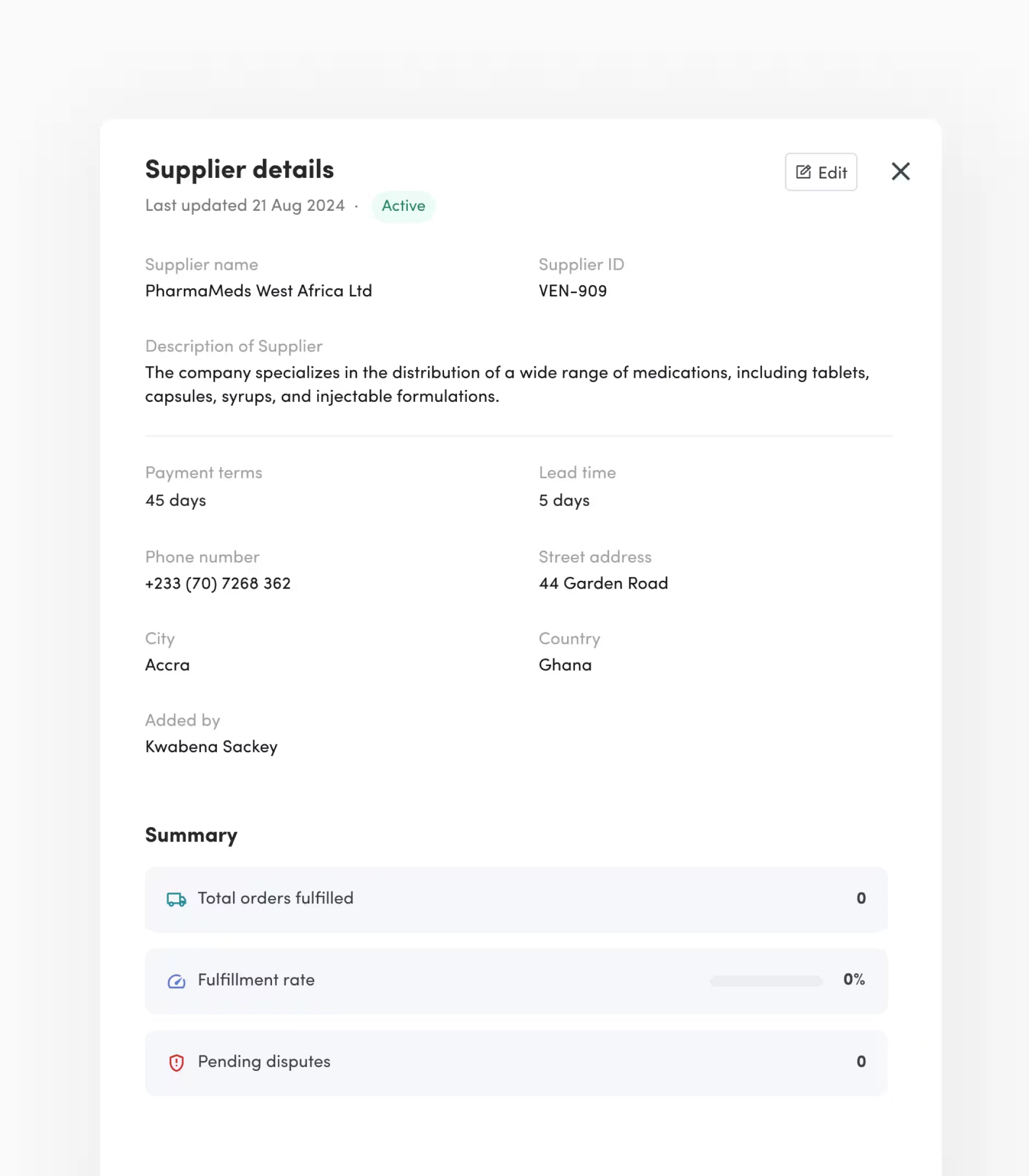 Supplier details panel showing contact information, payment terms, lead time, address, and fulfilment summary.