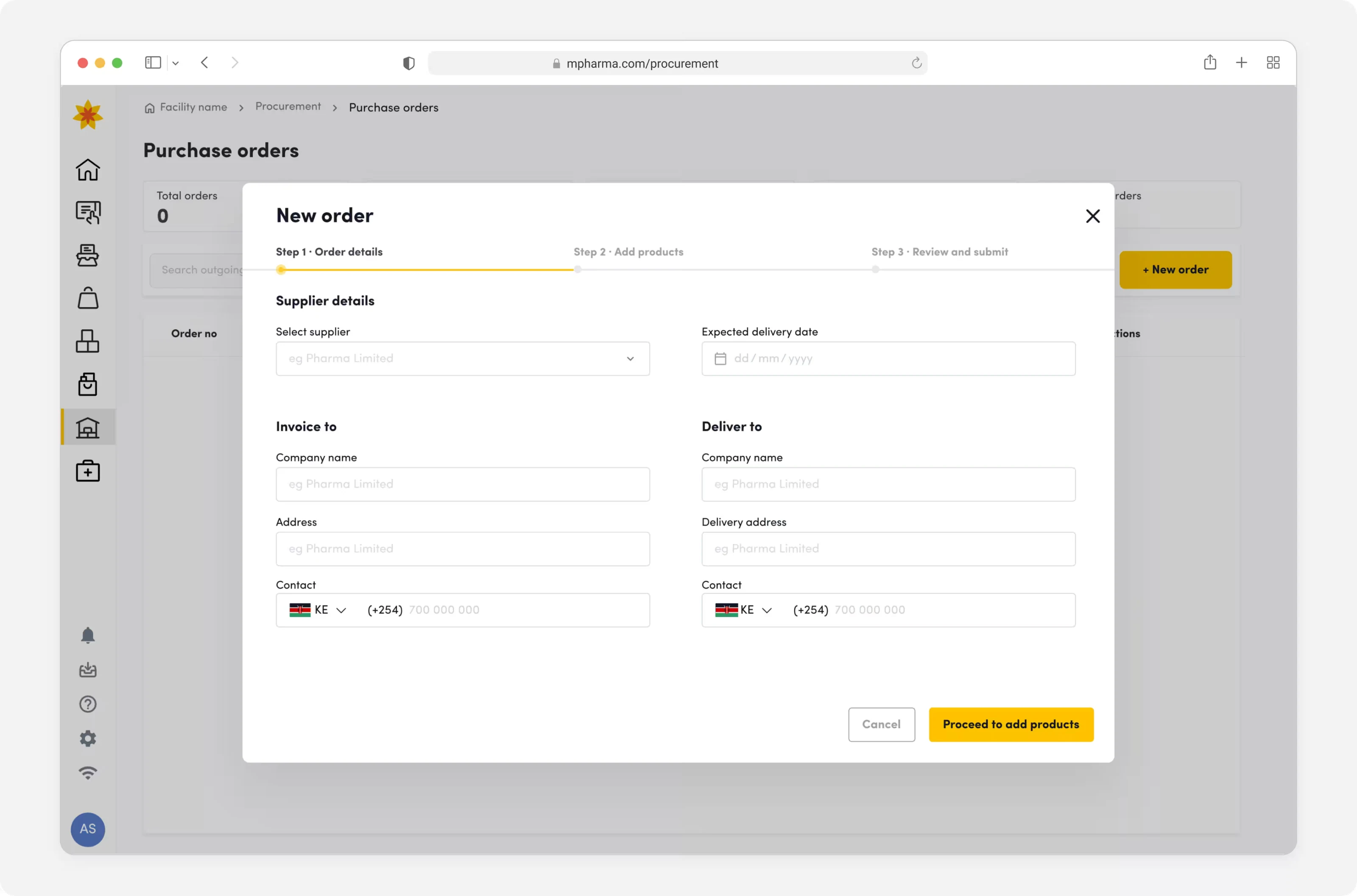 Purchase orders screen with the New order dialog open on step one, collecting supplier, expected delivery date, and invoice and delivery addresses from pre-approved lists.