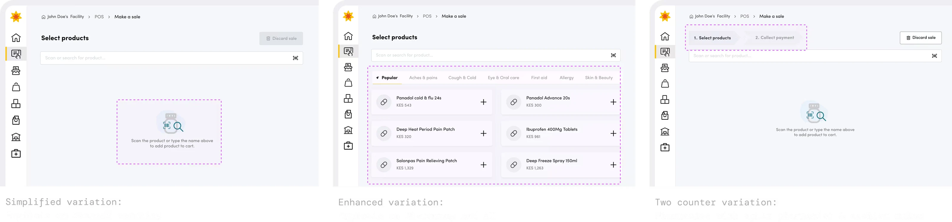 Three checkout layouts compared side by side: a simplified variation, an enhanced variation, and a two-counter variation.