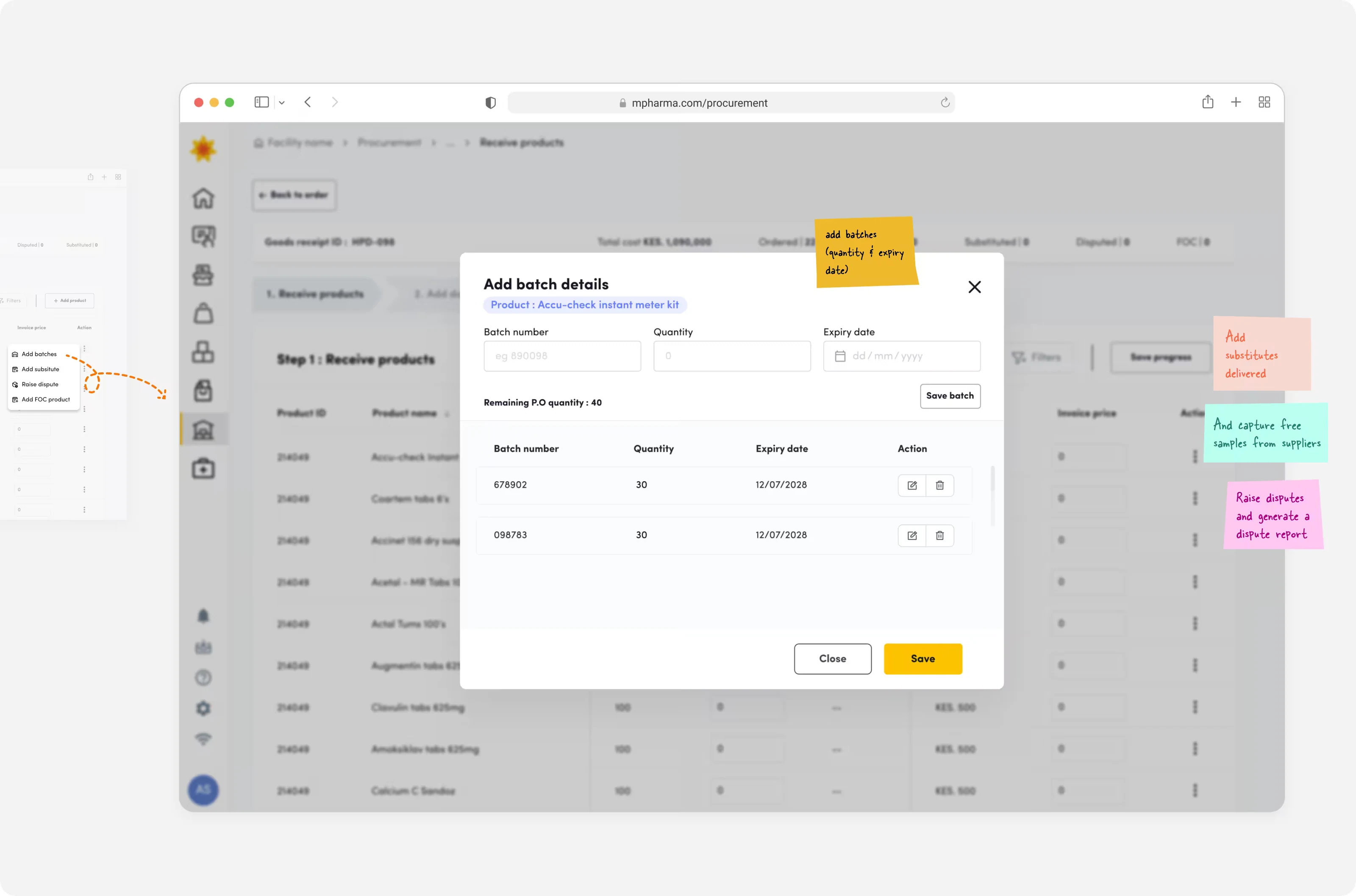 Receive products screen with the Add batch details dialog open for batch number, quantity, and expiry date, annotated with notes on capturing several batches per line.